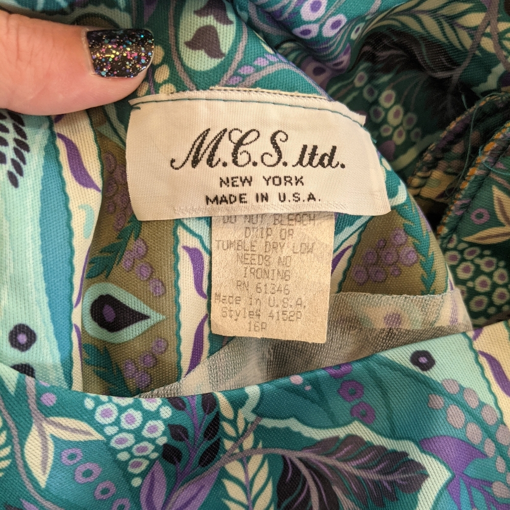 Vintage M.C.S Ltd NY teal abstract paisley dress - Picture 9 of 10